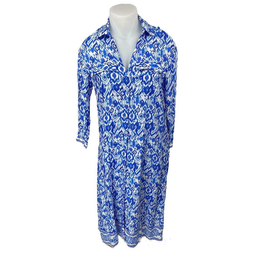 Women's Blue White Long Sleeve Abstract Argyle Button Up Maxi Shirt Dress Size L